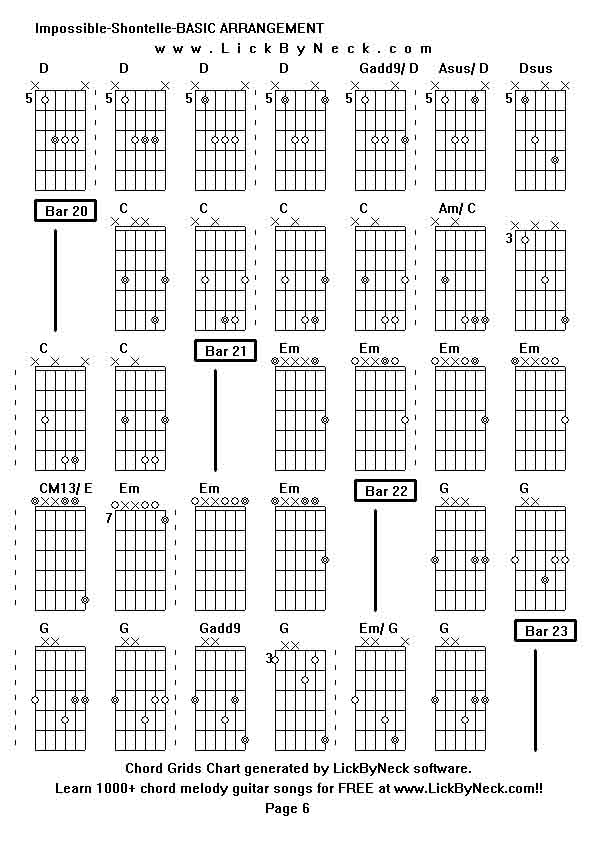 Chord Grids Chart of chord melody fingerstyle guitar song-Impossible-Shontelle-BASIC ARRANGEMENT,generated by LickByNeck software.